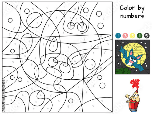 Funny little bat. Color by numbers. Coloring book