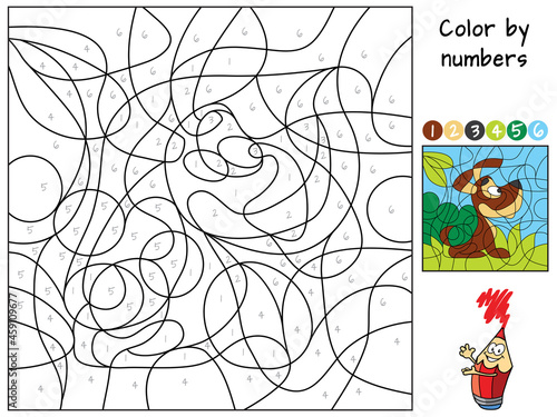 Funny little dog. Color by numbers. Coloring book