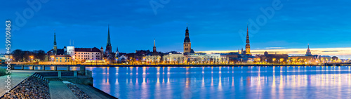 Panoramic image depicting historical district of Riga - the capital city of Latvia, it offers for tourists many resting opportunities and unique medieval and Gothic architecture