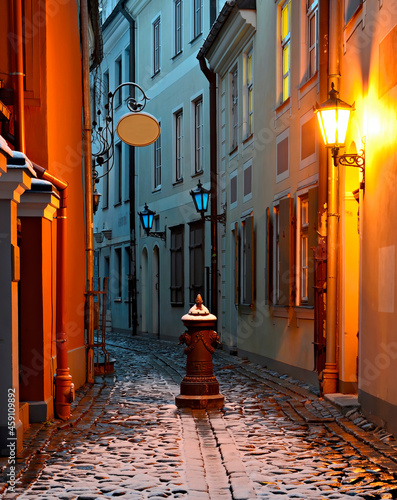 Winter night on narrow medieval street of old district in  Riga - capital cit...