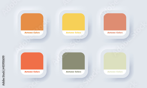 Pantone palette. Autumn palette color in RGB HEX. Color Catalog. Neumorphic UI UX white user interface web button. Neumorphism. Vector EPS 10.