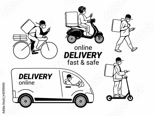 Delivery service set. Couriers in face masks walking, riding bicycle, electric scooter, motorbike, driving truck. Vector illustration.