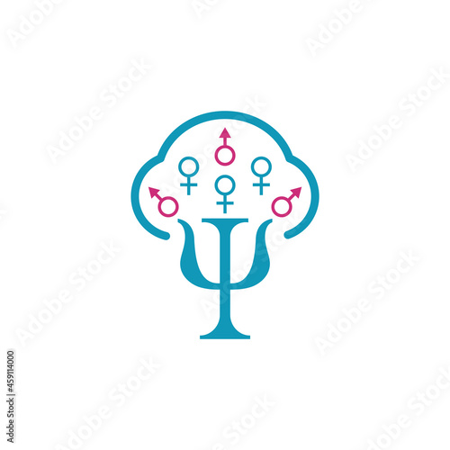 Letter psi and tree with gender symbols. Vector illustration. Male and female psychology