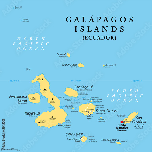 Galapagos Islands, Ecuador, political map, with capital Puerto Baquerizo Moreno. Archipelago of volcanic islands on either side of equator in Pacific Ocean known for a large number of endemic species. photo