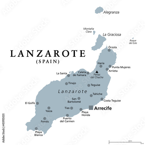 Lanzarote, gray political map with capital Arrecife. Northernmost and easternmost island of Canary Islands, an archipelago and autonomous community of Spain, in Atlantic Ocean off the coast of Africa.