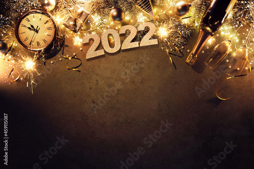 Fotografie, Obraz New Years Eve holiday background with fir branches, clock, christmas balls, cham