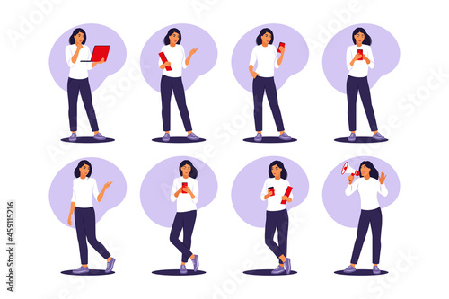 Businesswoman set with different postures. Vector illustration. Flat.