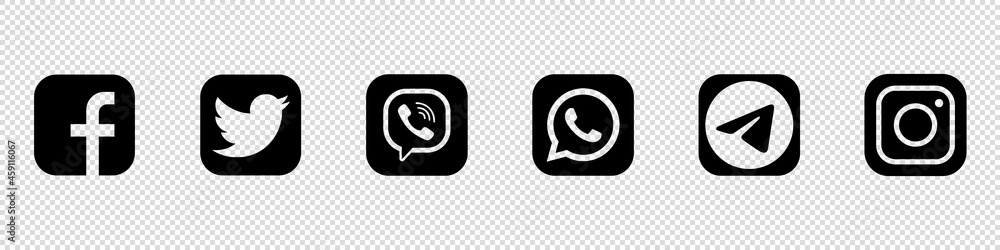 Black icon set of popular social apps with rounded corners. Social media  icons modern design. Facebook, instagram, twitter, youtube, telegram,  whatsapp, viber on transparent background. Vector EPS 10 vector de Stock