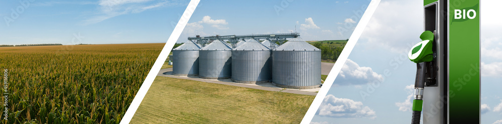 Collage of three parts: corn field, agricultural silos, biofuel filling station. Carbon neutral fuel production concept Collage of three parts: corn field, agricultural silos, biofuel filling station. Carbon neutral fuel production concept