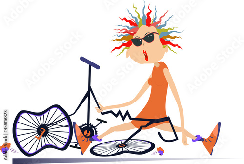 Sad cyclist woman and broken bike illustration. 
Cartoon cyclist woman in sunglasses sitting near a broken bicycle isolated on white
