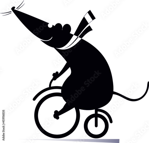 Cartoon rat or mouse rides on the bike illustration. 
Funny rat or mouse rides on the bike black on white
