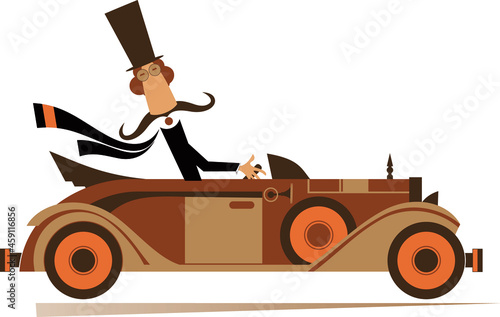 Mustache man in the top hat drives a retro car illustration. Cartoon long mustache man in the top hat drives an old styled cabriolet isolated on white