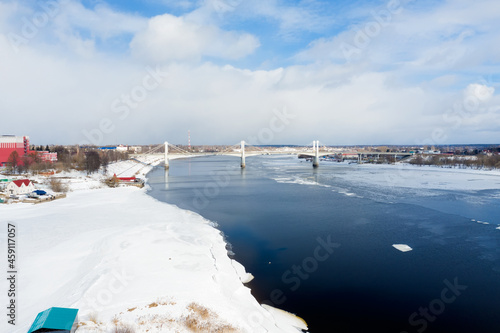 Aerial view of the city of Kimry and the Volga river on a winter day, Tver region, Russia