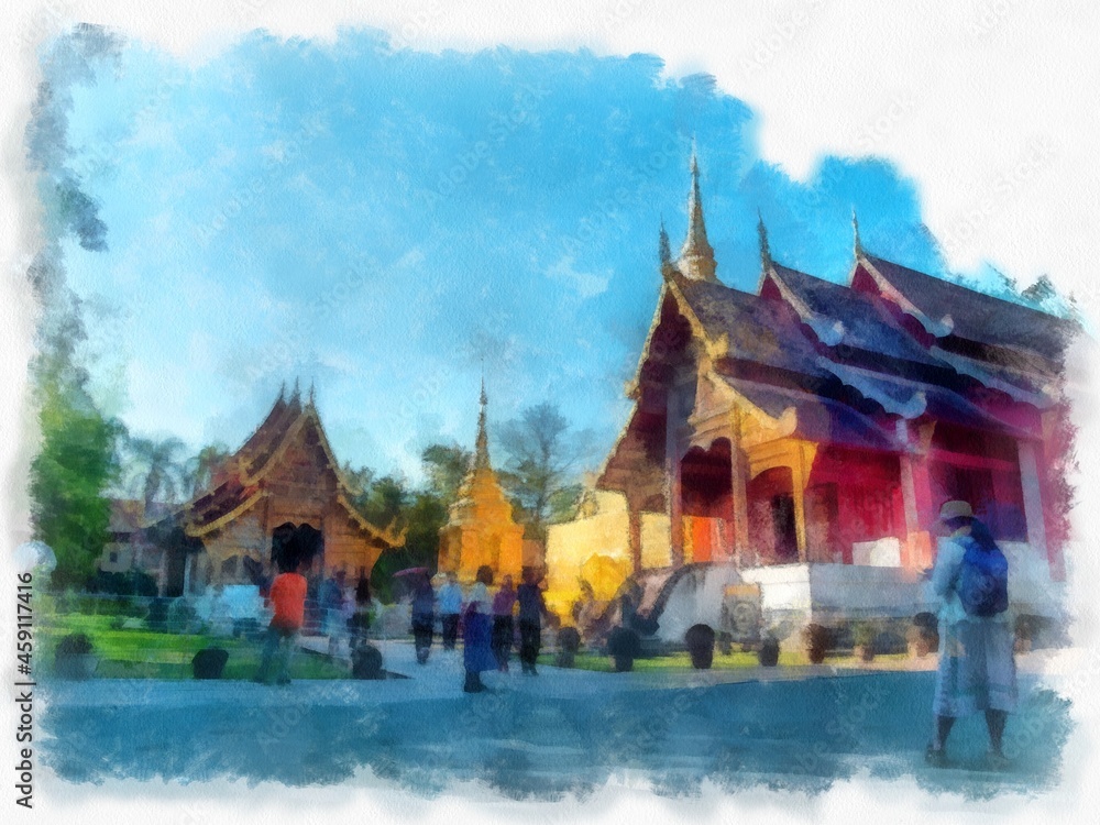 Naklejka premium Ancient architecture of northern thailand watercolor style illustration impressionist painting.