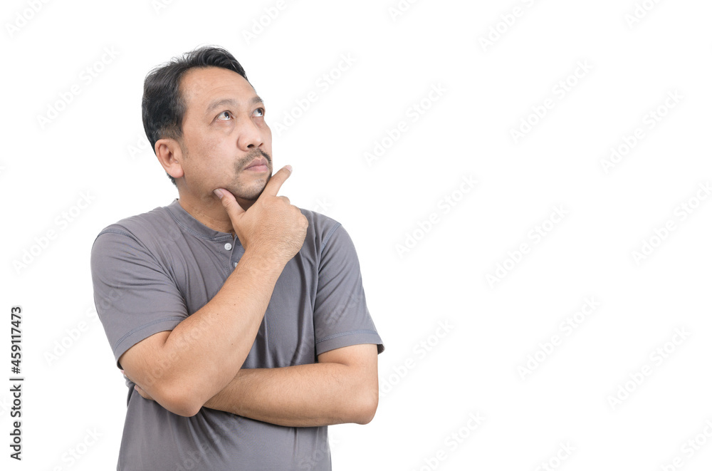 Asian middle age man thinking isolated on white Asian middle age man thinking isolated on white