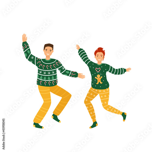 Family couple in ugly christmas green sweaters dancing new year celebration