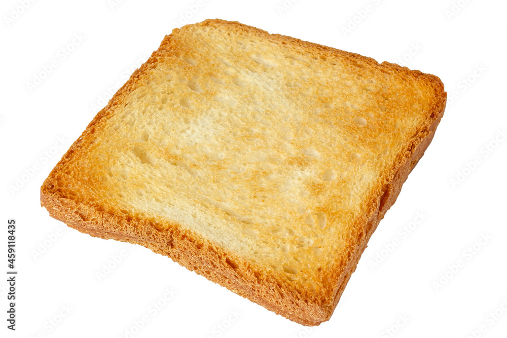 A slice of toasted bread on a white plate. Toasted bread. Isolate on white. A slice of toasted bread on a white plate. Toasted bread. Isolate on white.