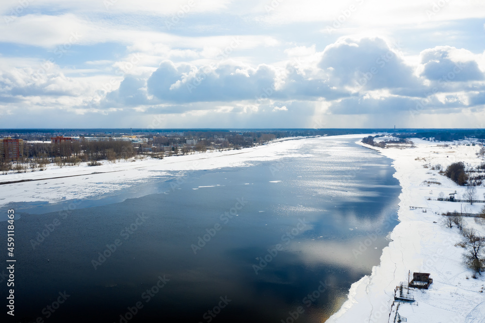 Aerial view of the city of Kimry and the Volga river on a winter day, Tver region, Russia