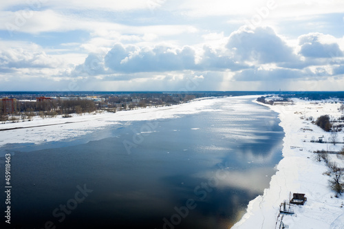 Aerial view of the city of Kimry and the Volga river on a winter day, Tver region, Russia © Konstantin