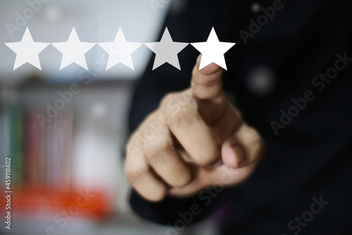Customer Experience for Goods services Concept, Best Excellent Services Rating for Satisfaction present by hand of Client pressing Five Star