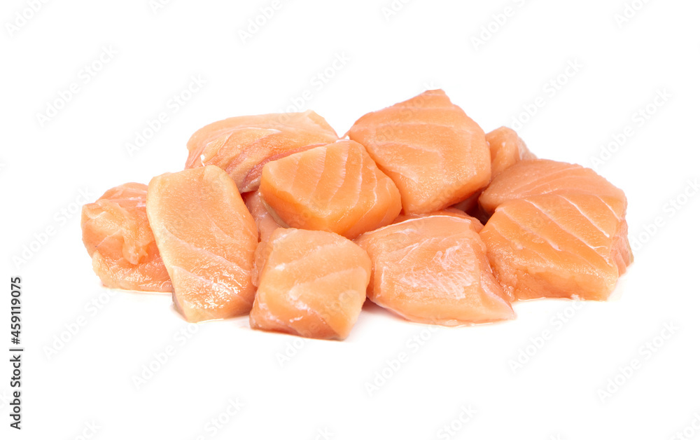 diced salmon fillet isolated on white background.