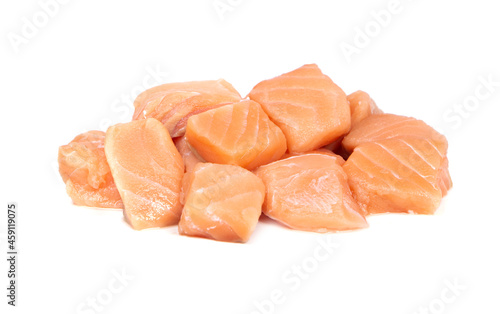 diced salmon fillet isolated on white background.