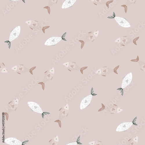 Seamless pattern fish on beige background. Modern ornament with sea animals.