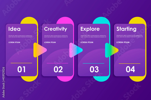 Modern infographic design. 4 steps in a horizontal row. 4 successive steps template for business, presentation, training, strategy, banner, poster. Vector illustration. EPS 10