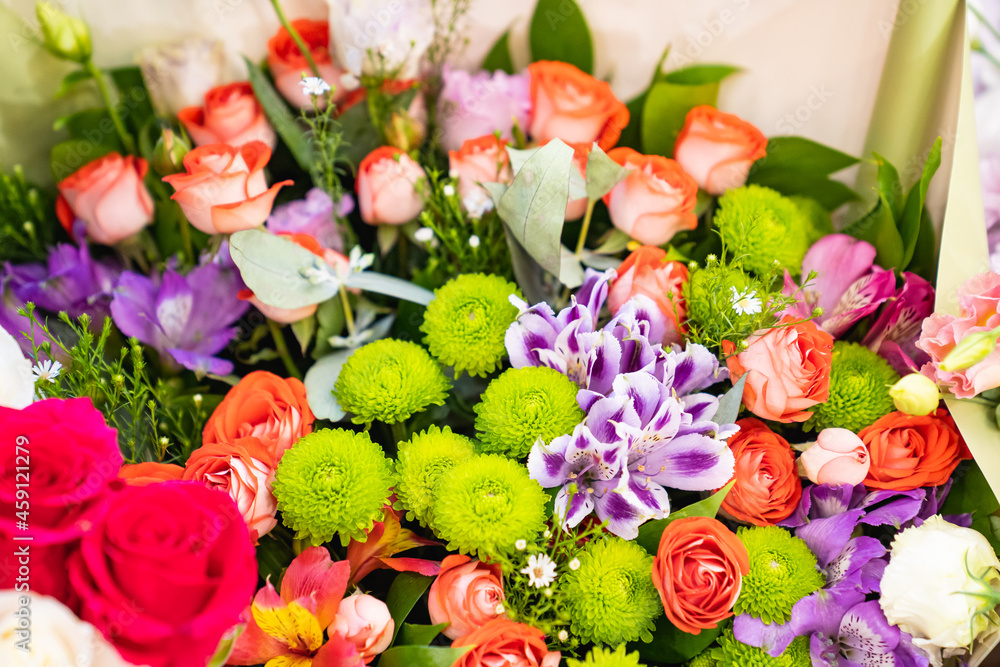 top view. bouquet of colorful bright fresh flowers. traditional gift for a woman top view. bouquet of colorful bright fresh flowers. traditional gift for a woman