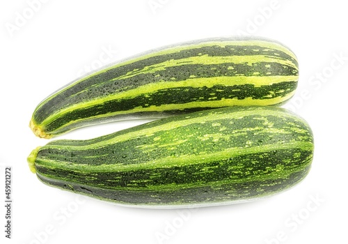 On a white background, two striped zucchini in the center close-up
