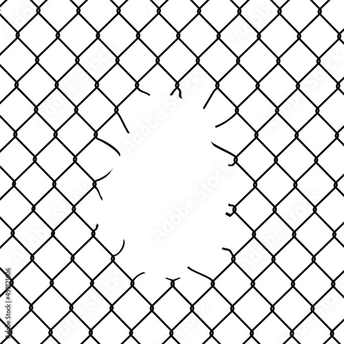 Mesh netting Torn. Mesh fence Ripped background. Vector illustration