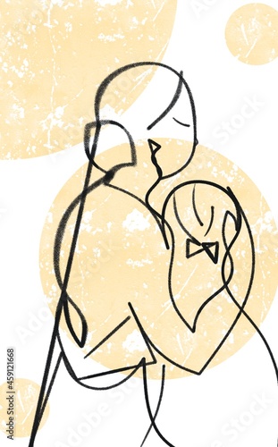 Creative hand drawn portrait of Mother and Daughter standing back and hugging each other. Digital image created with black waxy pencil and grunge circles of vanilla color. Minimal simple line art.