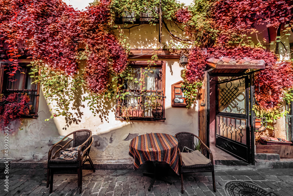 autumn mood, The facade of an old building in Antalya, Kaleichi district. vintage warm facade with green, yellow and red autumn leaves in early autumn. a beautiful courtyard, the charm of European