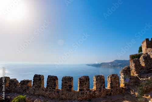 View of the Mediterranean Sea from the ruins of an old stone wall in Alanya
