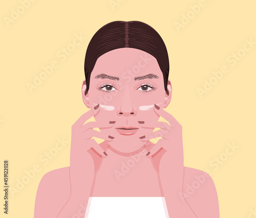 She applying cream to remove acne scars and treat her face.
Illustration about applying cream.