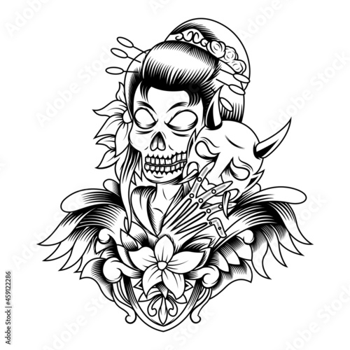 Geisha skull vintage mascot logo