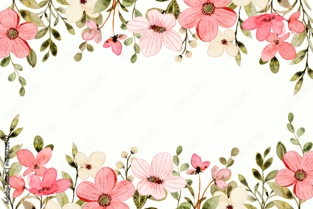 White pink wildflower background with watercolor