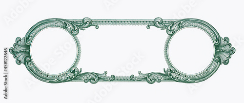 U.S.A. 1 dollar border with empty middle area. Clear One dollar side banknote pattern for your picture or text. U.S. 1 highly detailed dollar banknote. on a white background.