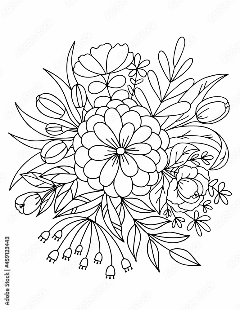 A bouquet of flowers for coloring painted on top. Black and white vector illustration, coloring book.