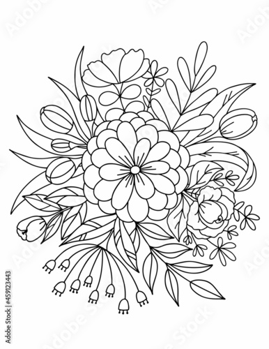 A bouquet of flowers for coloring painted on top. Black and white vector illustration  coloring book.