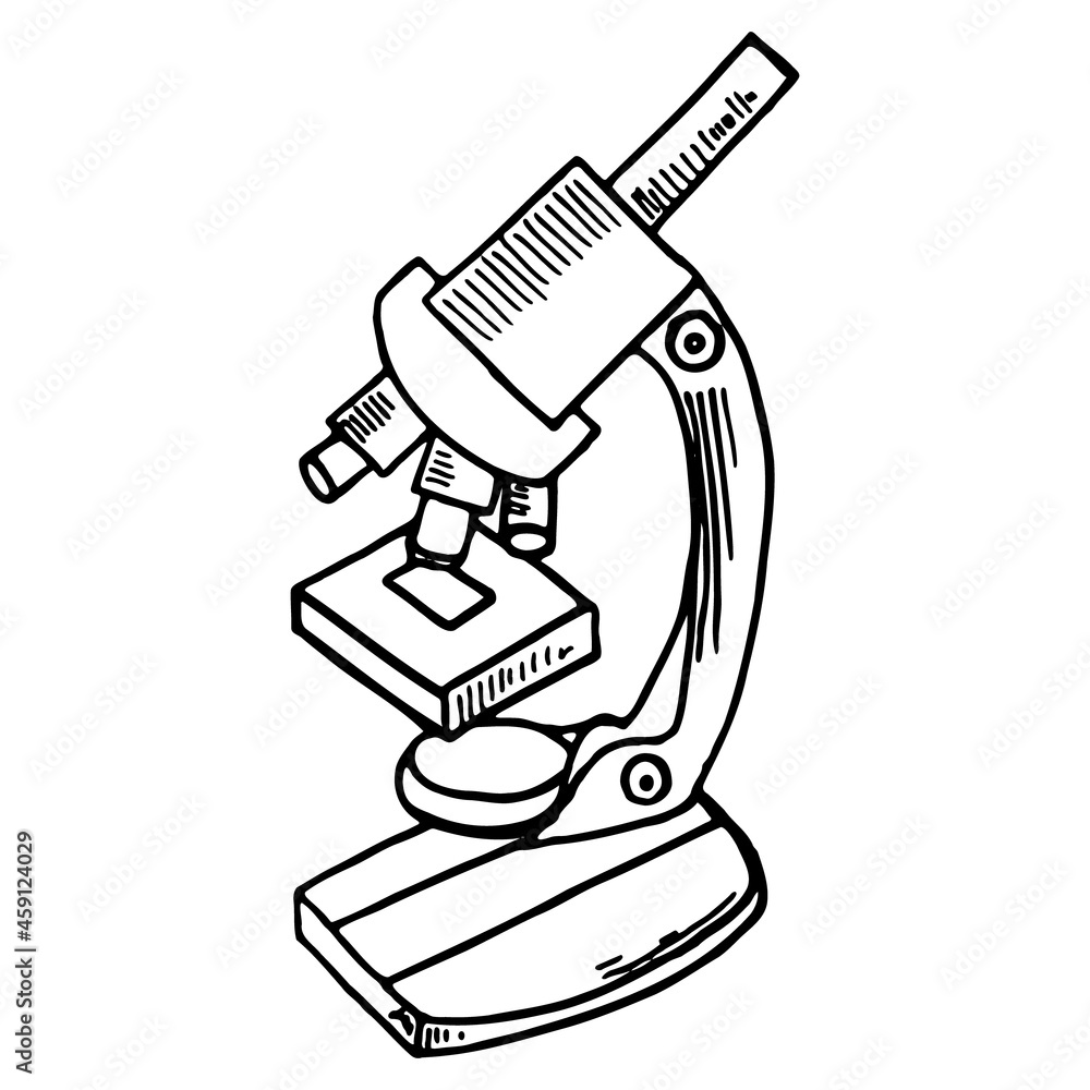 Microscope hand drawn vector doodle illustration. Cartoon microscope. Isolated on white background. Hand drawn simple science element Microscope hand drawn vector doodle illustration. Cartoon microscope. Isolated on white background. Hand drawn simple science element