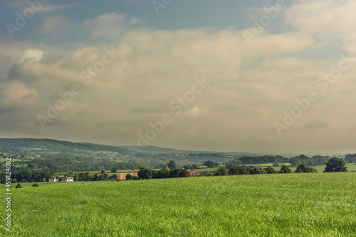 Lush hilly landscape with meadows, trees and houses under a cloudy sky.
