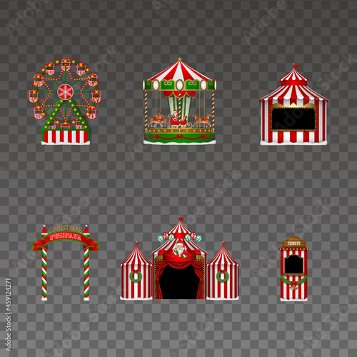 Set of christmas funfair elements. isolated carousel, stall, ferris wheel, signboard, circus and tickets booth. christmas luna park
