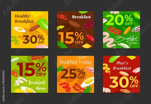 Breakfast special menu advertising coupon set vector illustration. Sale discount for morning meal