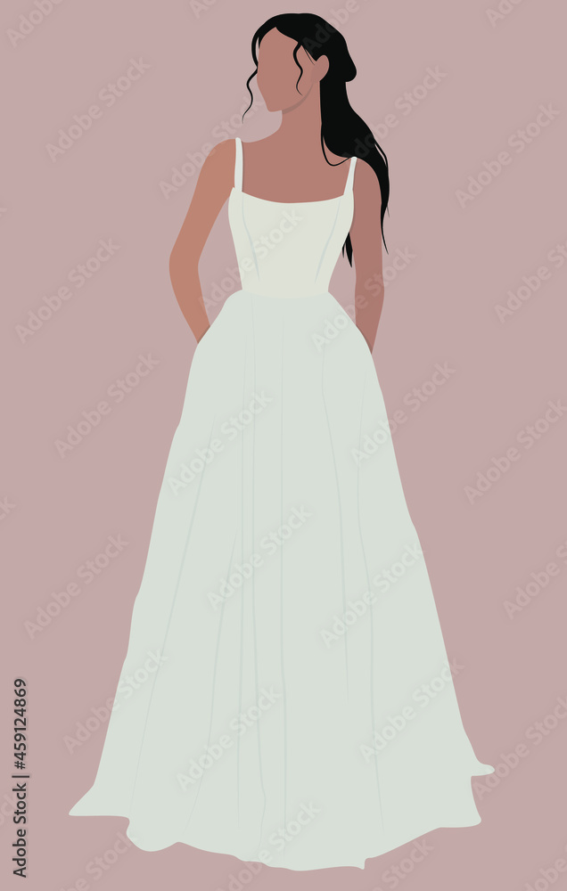 Fototapeta premium Girl in a long white dress. Vector flat illustration. Charming lady in a wedding dress. Design for cards, posters, backgrounds, templates, postcards, avatars, textiles.