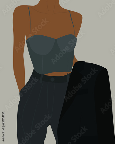 Girl in a gray suit with a corset. Flat image of a young lady in a summer business suit. Strict bow. Design for templates, avatars, cards, backgrounds, posters, textiles.