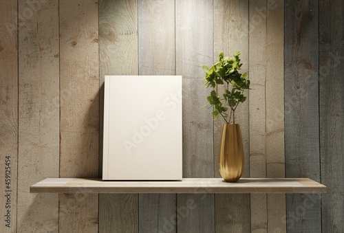 Hardcover book template on a wooden shelf with plant in a vase. Plank wall background. Spotlight from a top. 3D rendering.