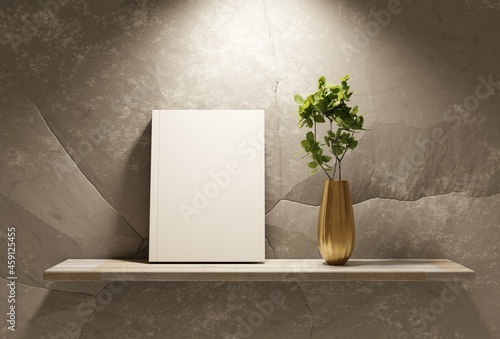 Book presentation template on a wooden shelf next to home plant. Spotlight from from a top. 3D rendering.