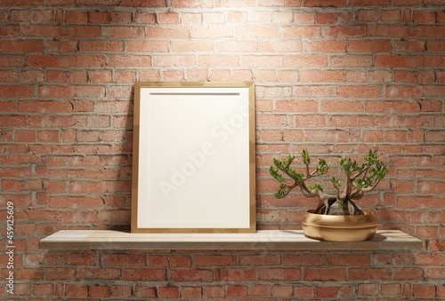 Frame template on a brick wall background. Wooden shelf with a bonsai tree. Canvas for lettering. 3D rendering.