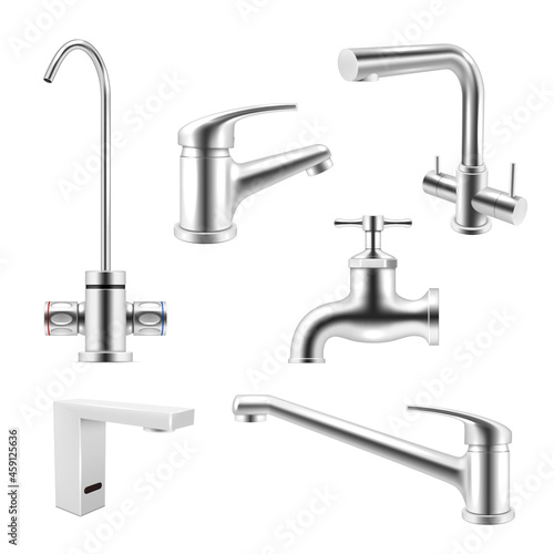 Collection realistic chrome water tap vector illustration kitchen bathroom plumbing aqua accessories